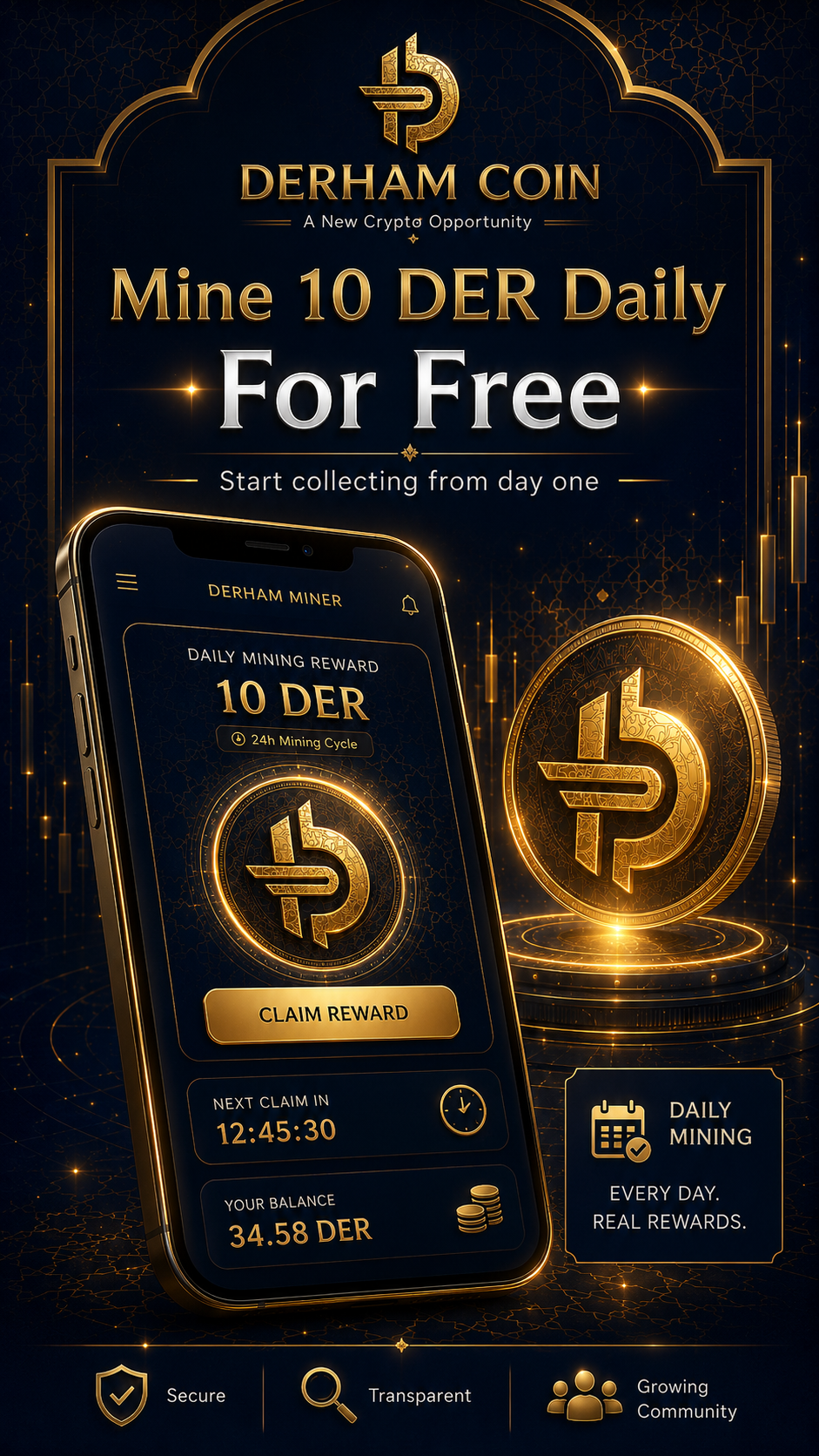 بكج التعدين المجاني من Derham Coin: فعّل اشتراكك الآن واحصل على 10 DER كل ساعة لمدة عام كامل